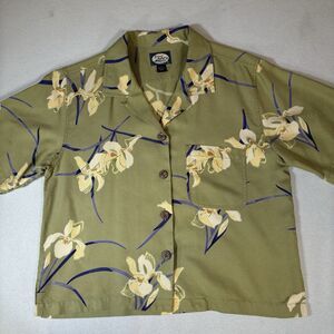 Tommy Bahama Shirt Womens Small Green Yellow Floral Silk Stretch Hawaiian Camp